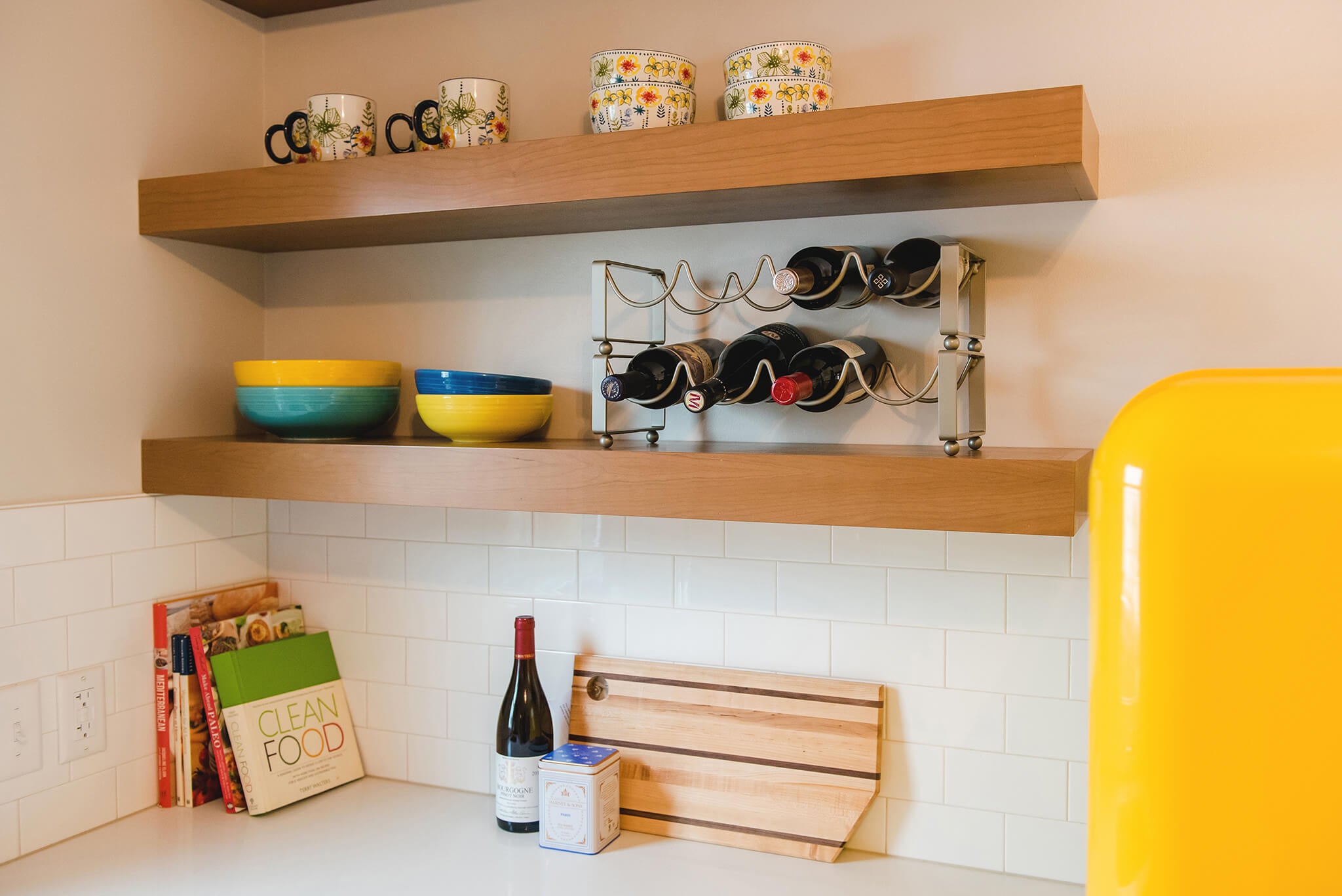 Mid-century modern kitchen with custom floating shelves