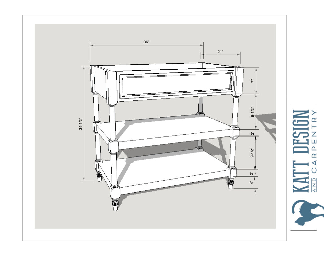 Blueprint with measurements for a 36" wooden bathroom vanity with a solid oak frame, featuring mortise-and-tenon joinery, molding detail, and turned legs.